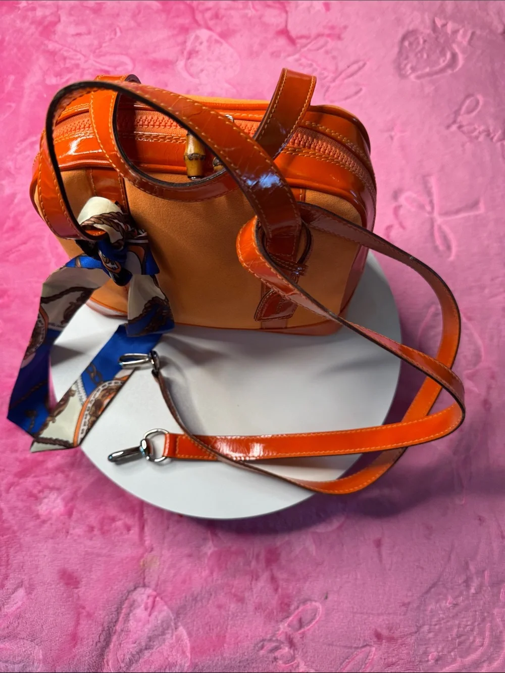 Gucci Coral Canvas & Orange Patent Leather TopZip Satchel/Crossbody Bamboo Pulls